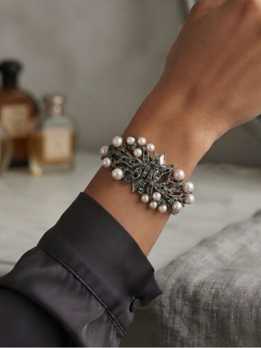 Gerard Yosca Elegant Pearl and Green Rhinestone Cuff Bracelet